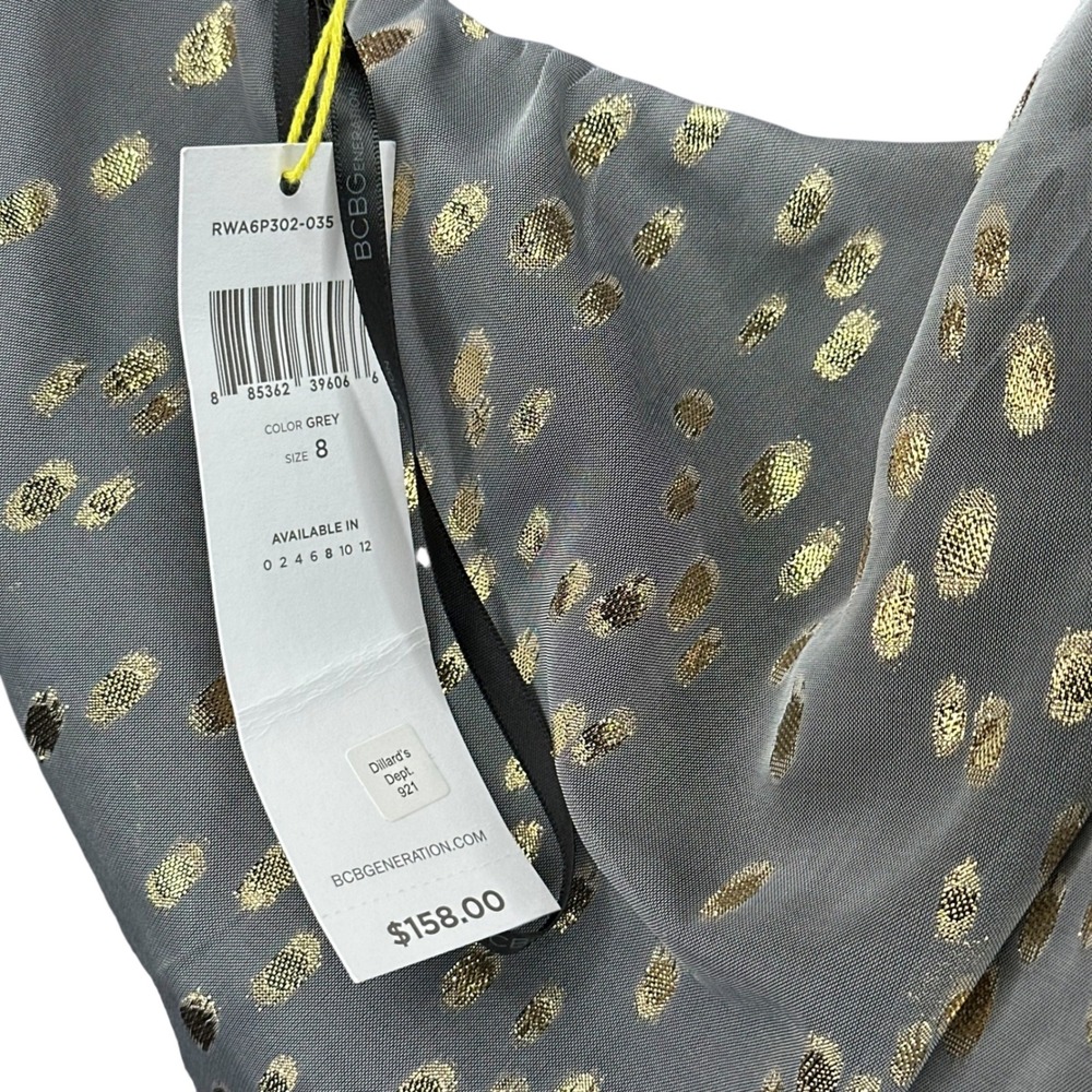BCBGeneration Gray Metallic Dot One Shoulder Ruffle Tiered Dress Size 8 NWT Glam - Picture 7 of 9